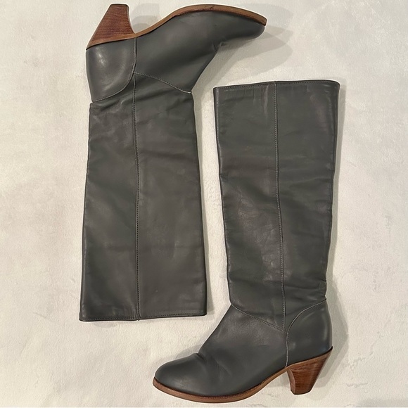 Frye Shoes - Vintage FRYE Dark Gray Leather Pull On Tall Heeled Boot Sz 7M C2163 cuff or tall